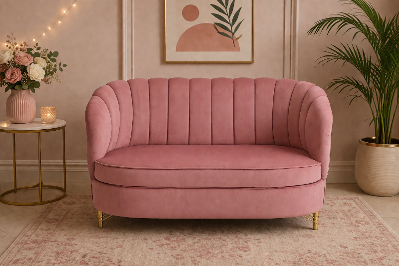 Luxury Blush Pink Velvet Sofa – Modern Curved Accent Couch with Gold Legs