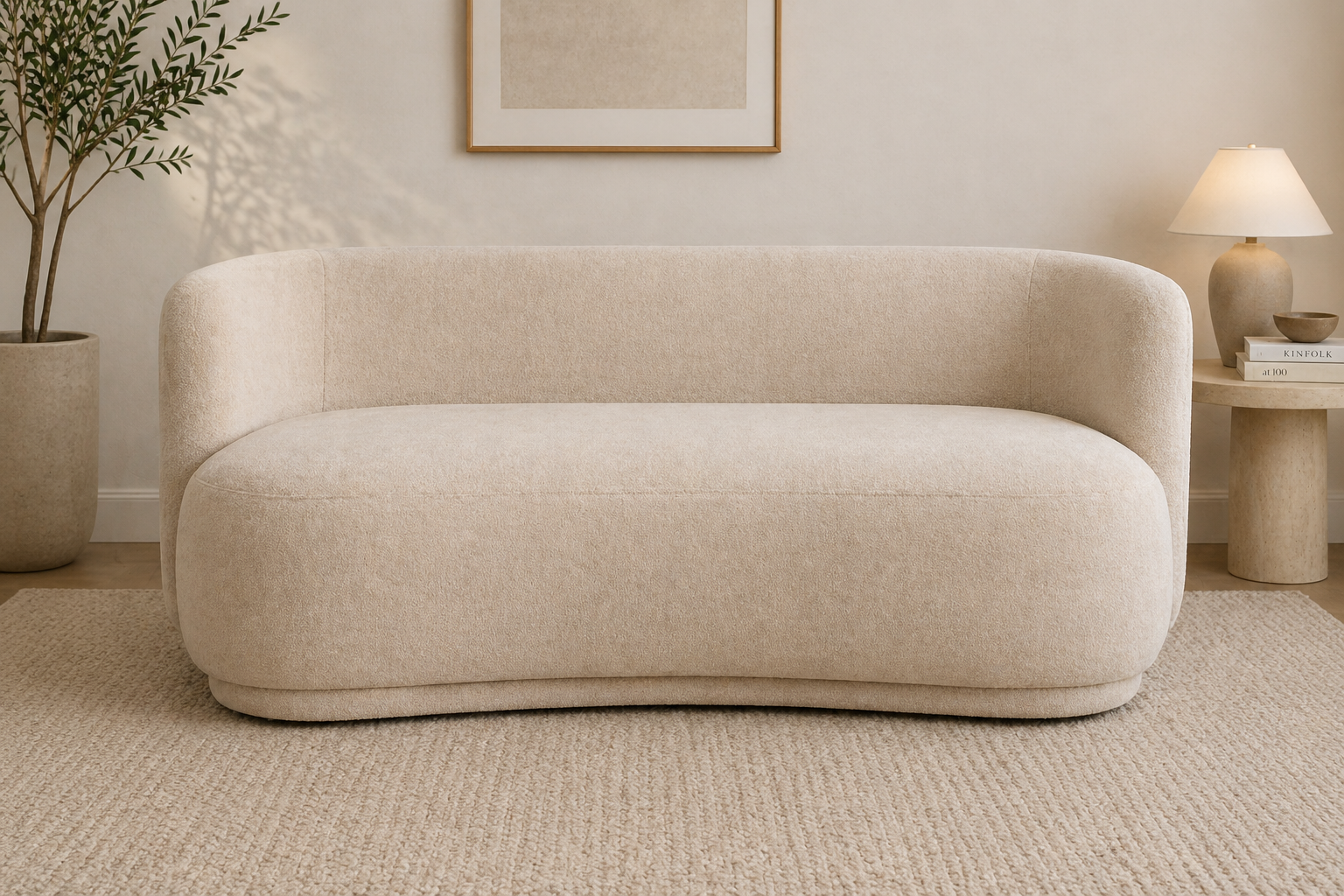 Restlooms Modern Curved Bouclé Sofa – Cream Beige | 3 Seater