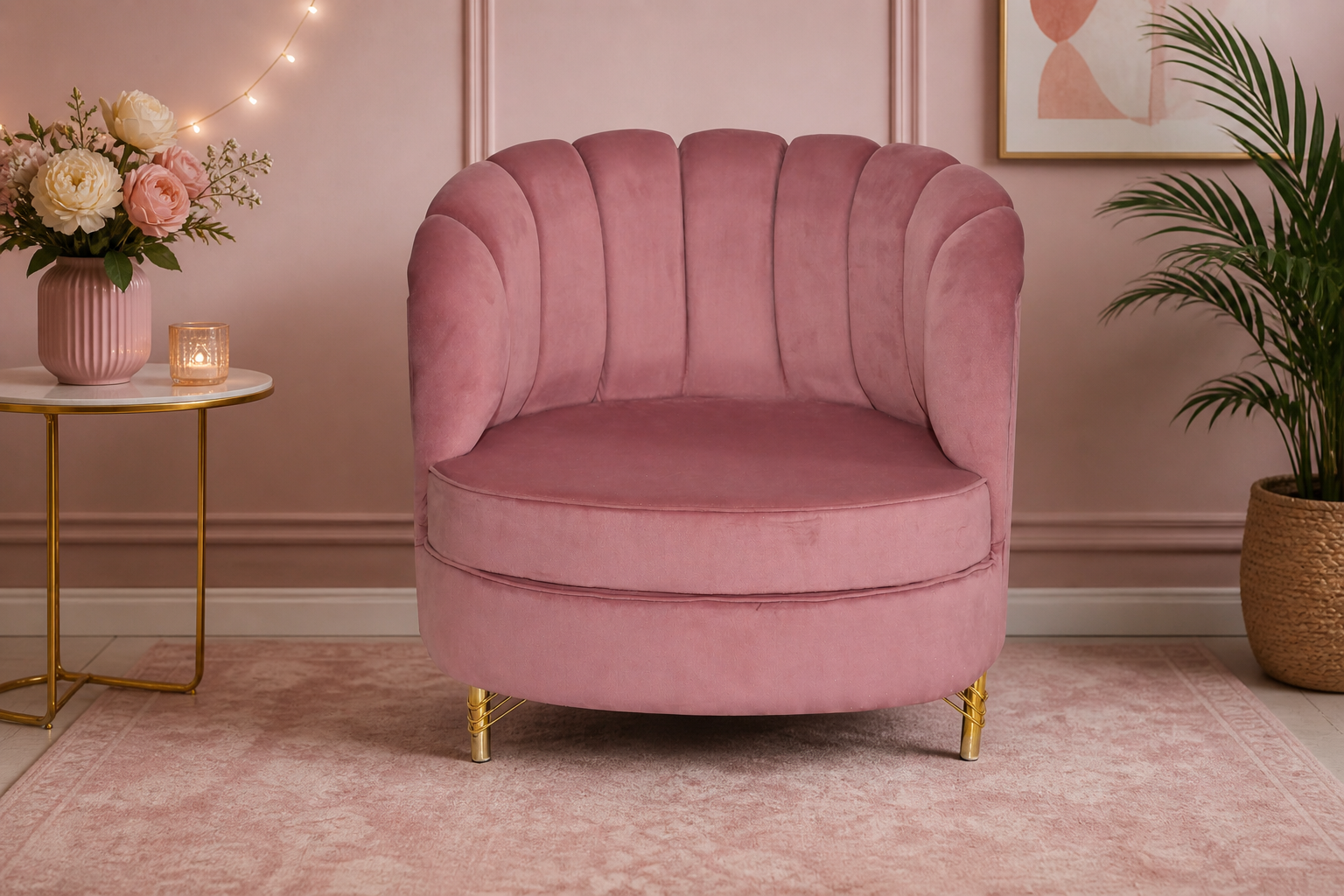 Elegant Velvet Shell Accent Chair – Luxury Pink Lounge Sofa Chair with Gold Legs