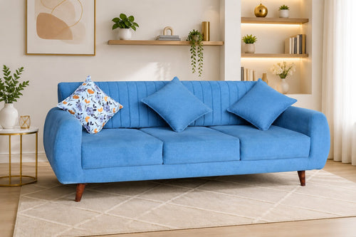 Modern 3-Seater Blue Tufted Sofa with Matching Throw Pillows – Contemporary Living Room Couch