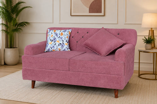 Modern 2-Seater Pink Tufted Sofa with Matching Throw Pillows – Elegant Living Room Couch