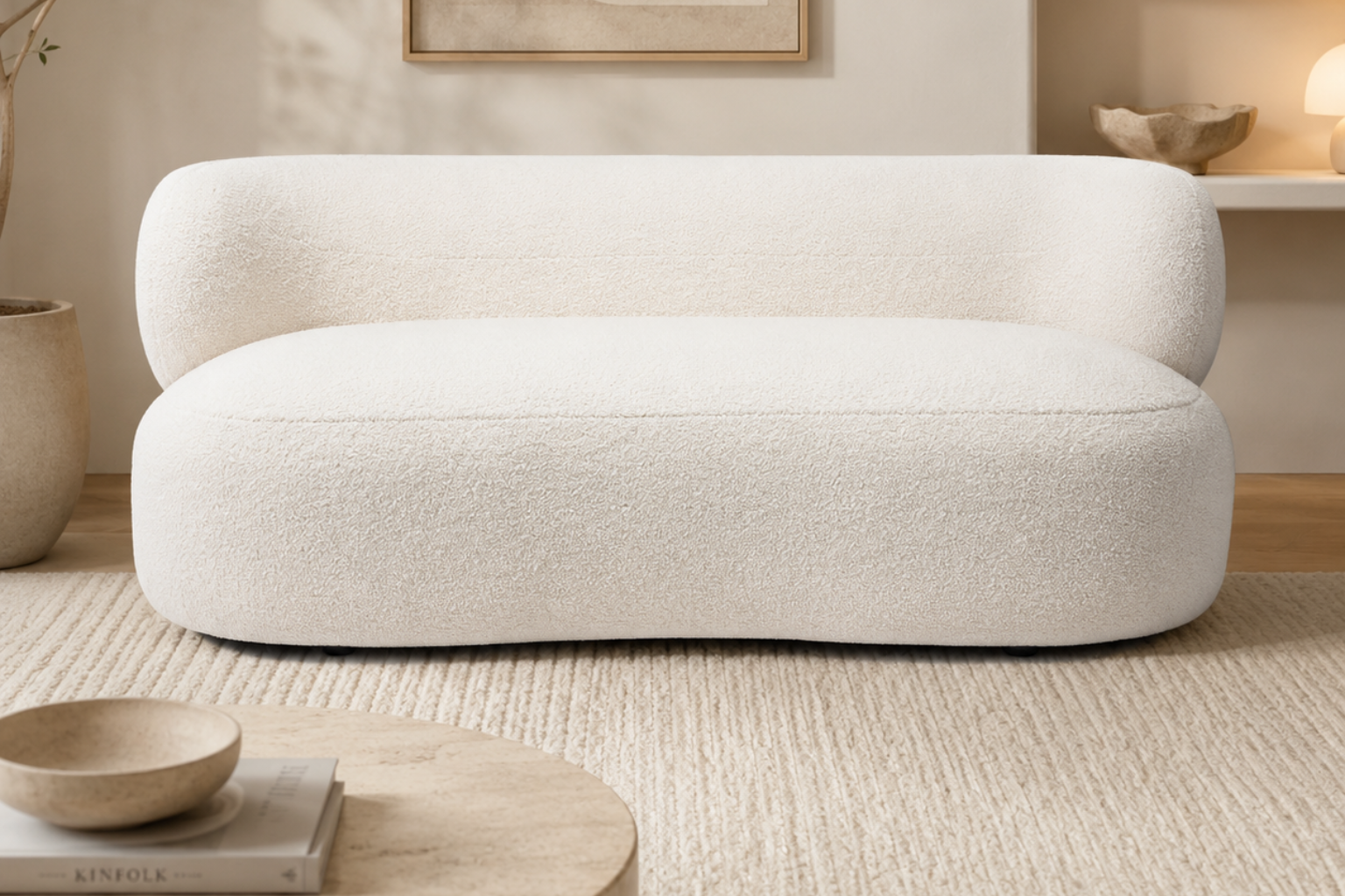 Restlooms Cloud Curve Bouclé Sofa – Modern Luxury Curved 3 Seater Sofa | Premium Cream Living Room Couch