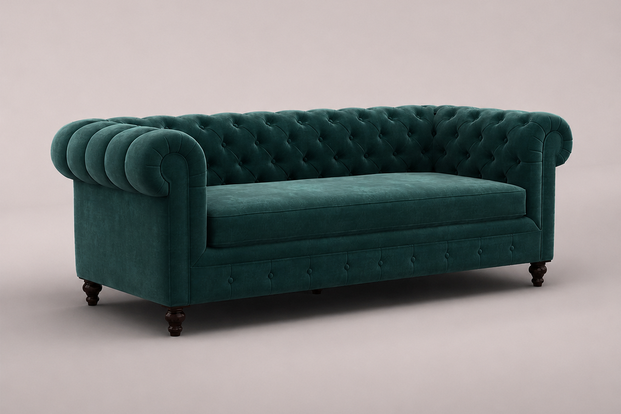 Restlooms Royal Chesterfield Velvet Sofa 3 Seater – Dark Teal | Luxury Living Room Furniture