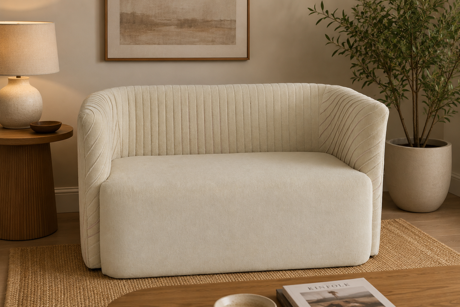Modern Velvet Accent Sofa – Cream White 2 Seater Living Room Couch | Luxury Curved Sofa