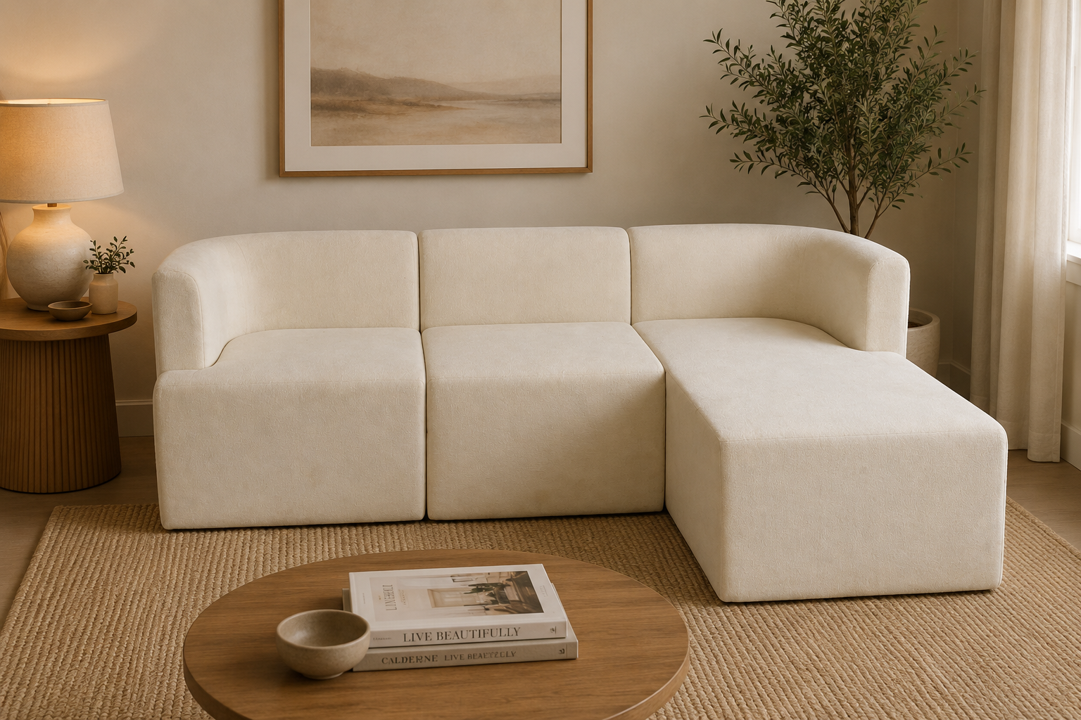 Modern Curved Modular L-Shape Sofa – Premium Ivory Sectional Couch