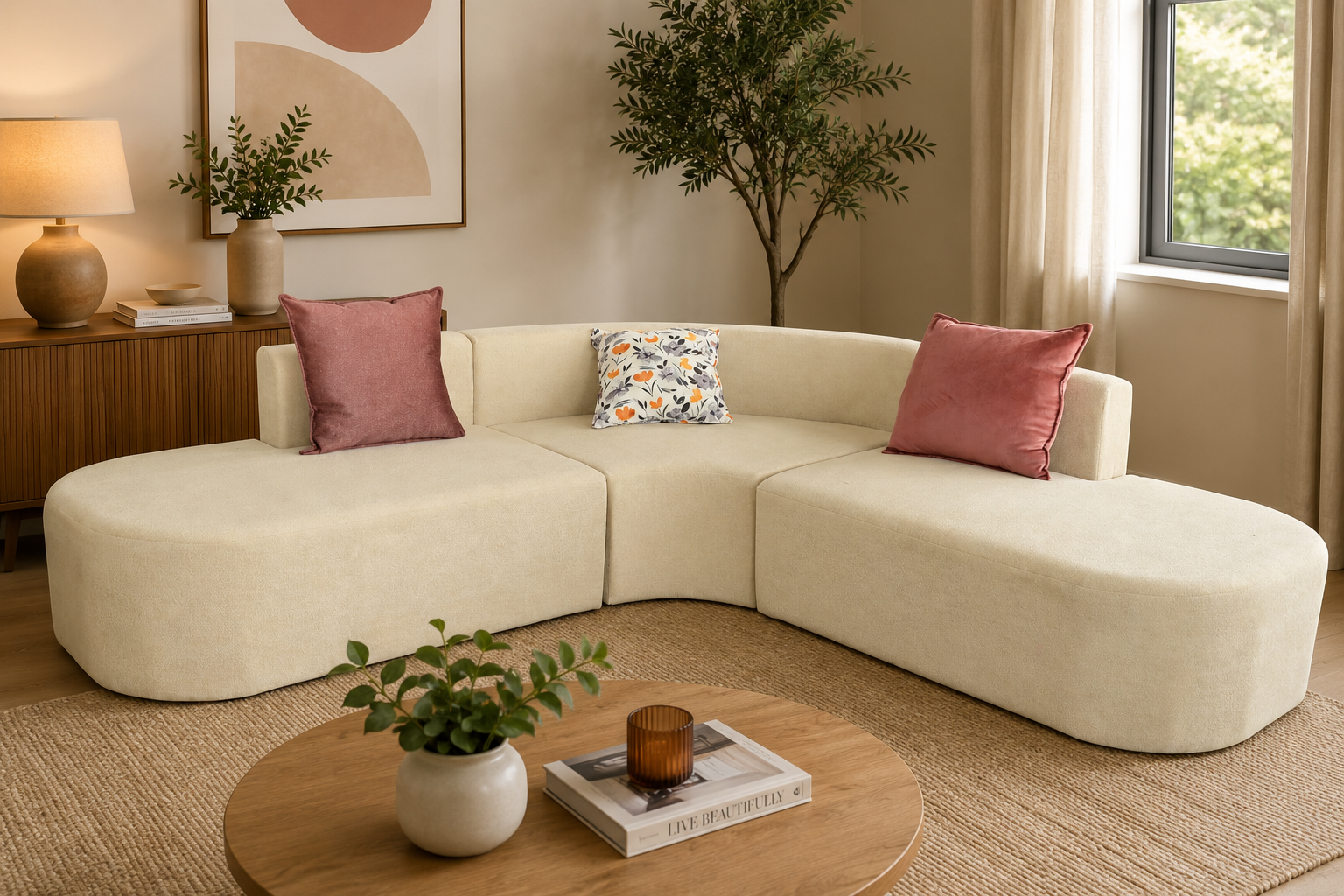 Modern Curved Modular Sectional Sofa with Designer Cushions – Cream Beige Fabric Upholstery