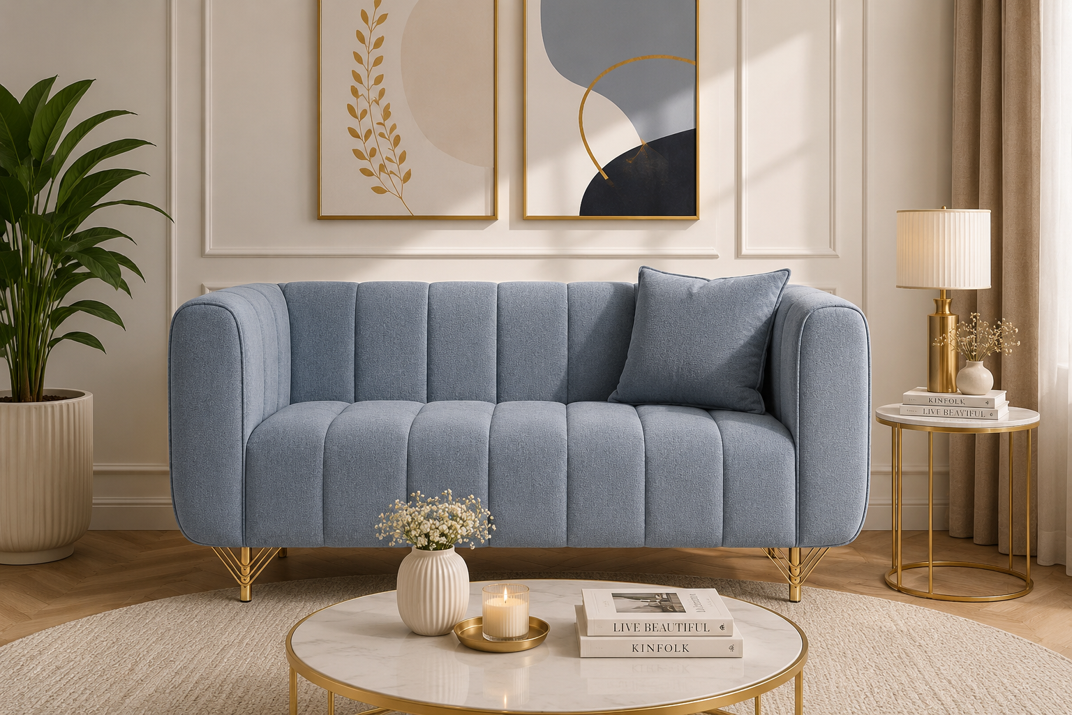 Restlooms Modern Velvet 2-Seater Sofa for Living Room | Premium Upholstered Loveseat with Gold Metal Legs | Compact Couch for Home & Office