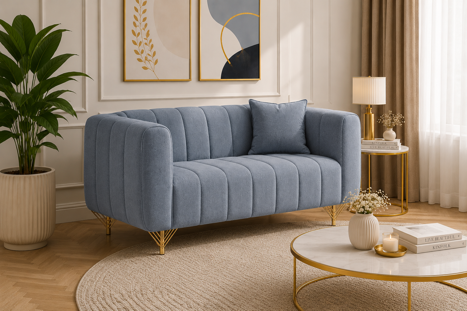 Restlooms Modern Velvet 2-Seater Sofa for Living Room | Premium Upholstered Loveseat with Gold Metal Legs | Compact Couch for Home & Office