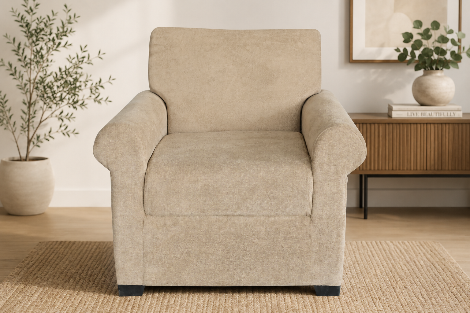 Modern Single Seater Sofa | Beige Fabric Sofa for Bedroom & Living Room