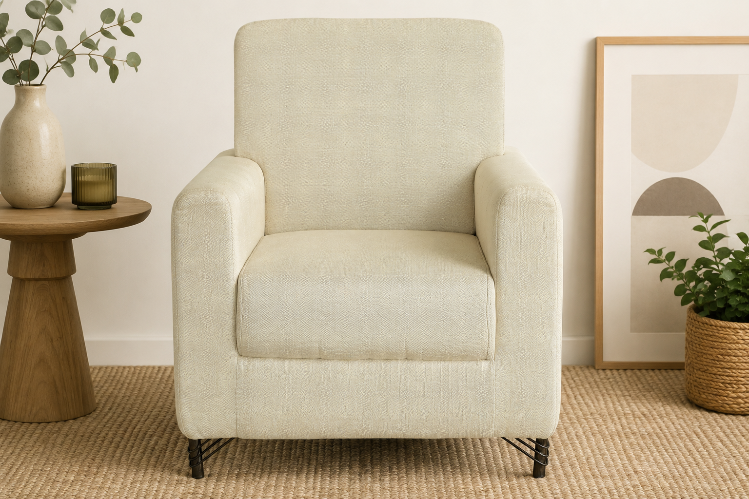 Modern Ivory Fabric Sofa with Metal Legs – Luxury Accent Sofa
