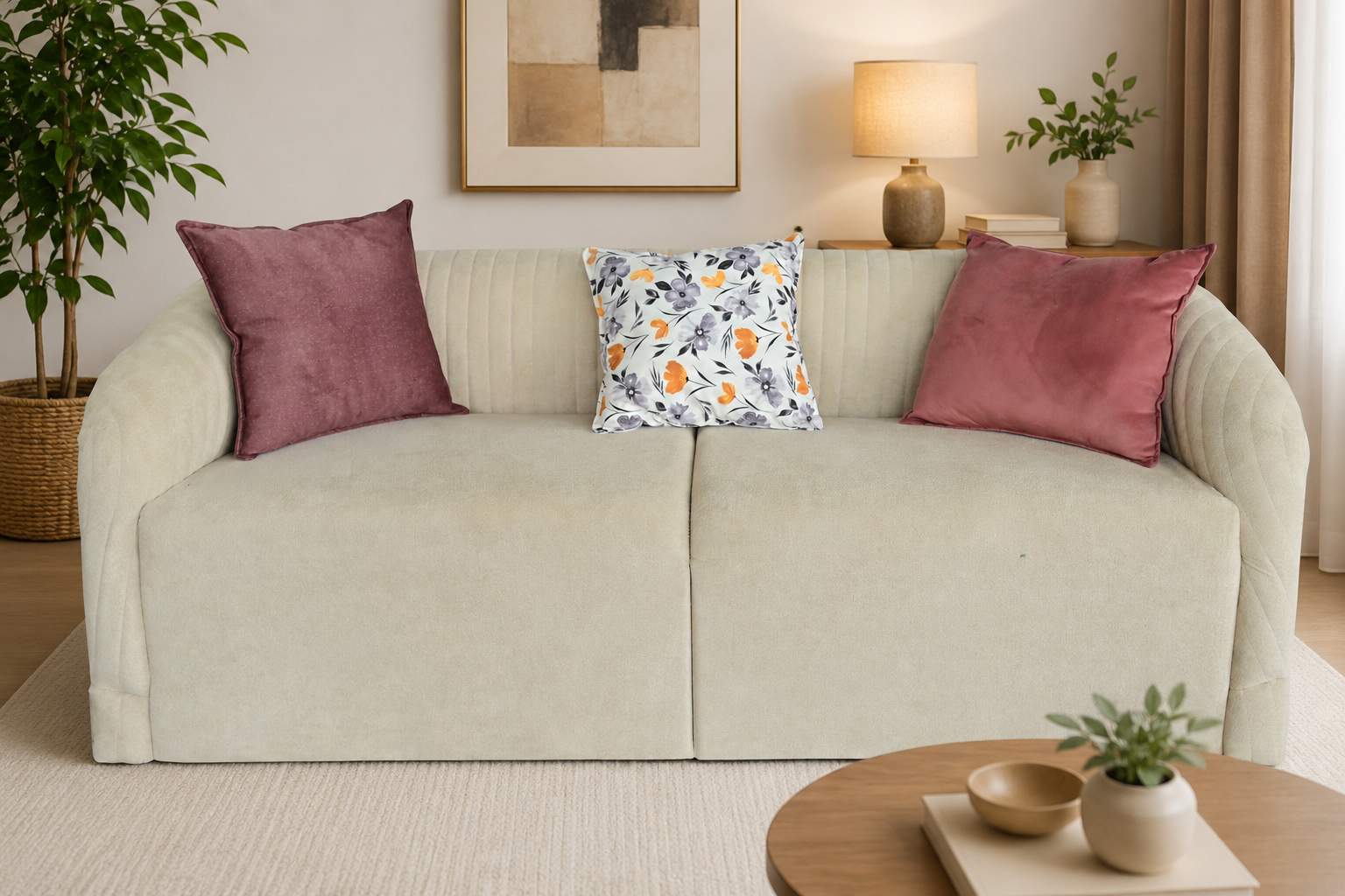 Luxury Curved Sofa – Modern Cream Beige 3 Seater Living Room Couch