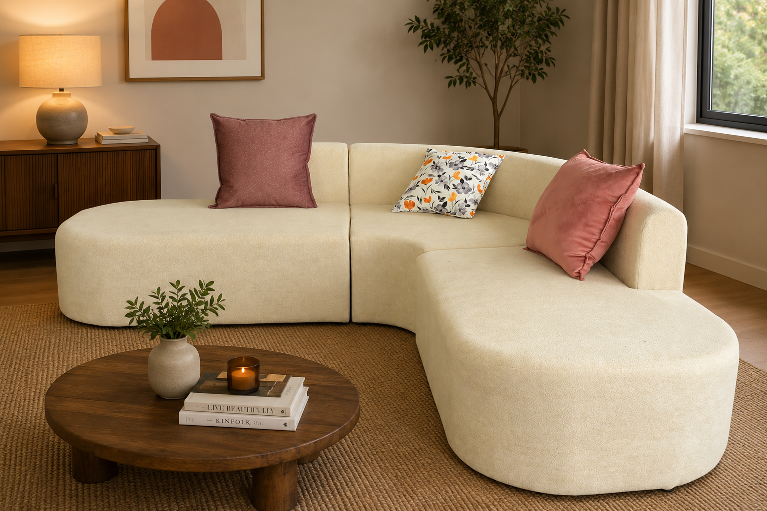 Modern Curved Modular Sectional Sofa with Designer Cushions – Cream Beige Fabric Upholstery