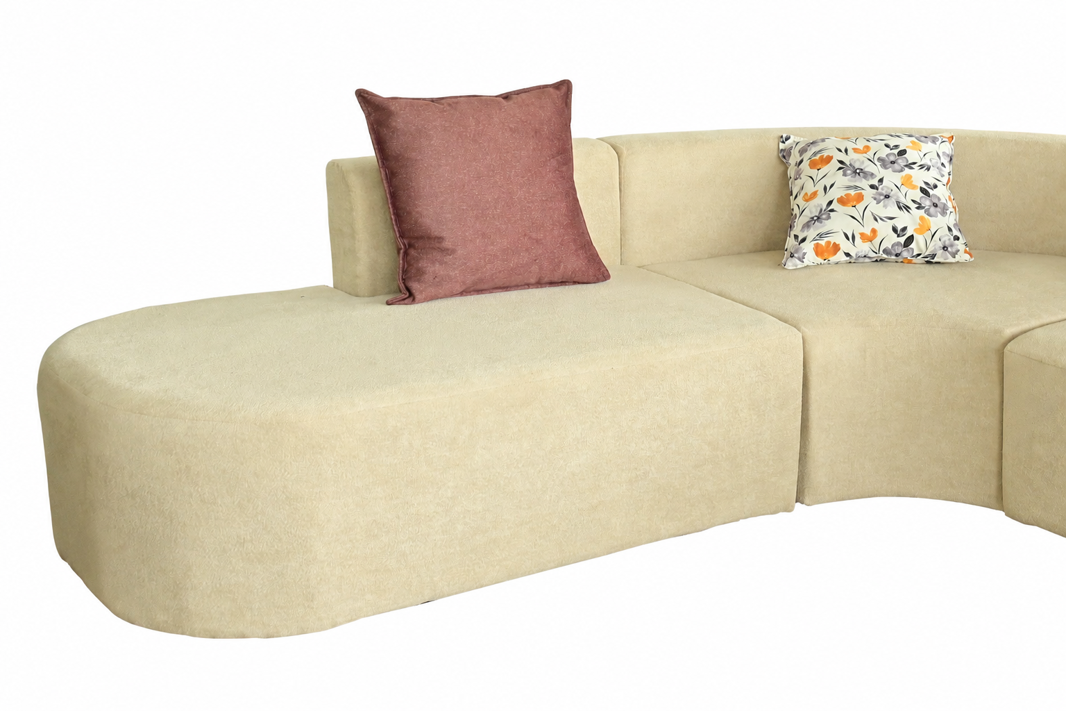 Modern Curved Modular Sectional Sofa with Designer Cushions – Cream Beige Fabric Upholstery