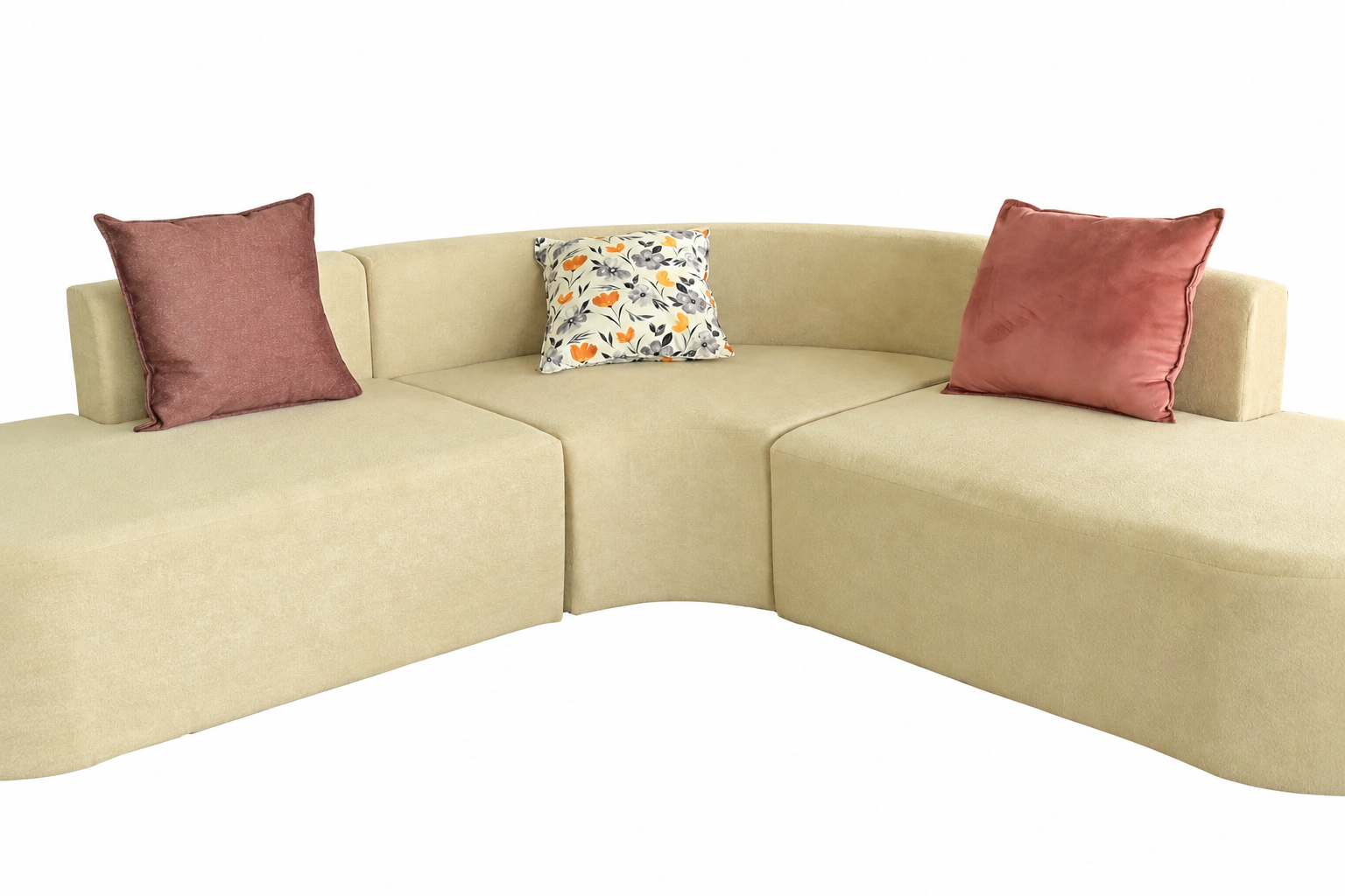 Modern Curved Modular Sectional Sofa with Designer Cushions – Cream Beige Fabric Upholstery